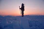 An Inuit hunter scans the ice of Melville Bay for polar bears. N.W.Greenland.